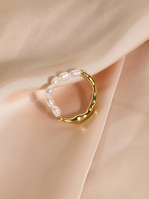 16K gold [elastic ring] Brass Freshwater Pearl Geometric Minimalist Band Ring